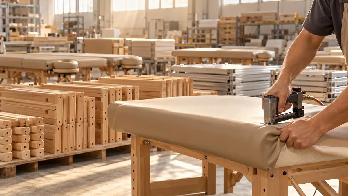Craftsman upholstering a massage table top in the Mars Industrial workshop
