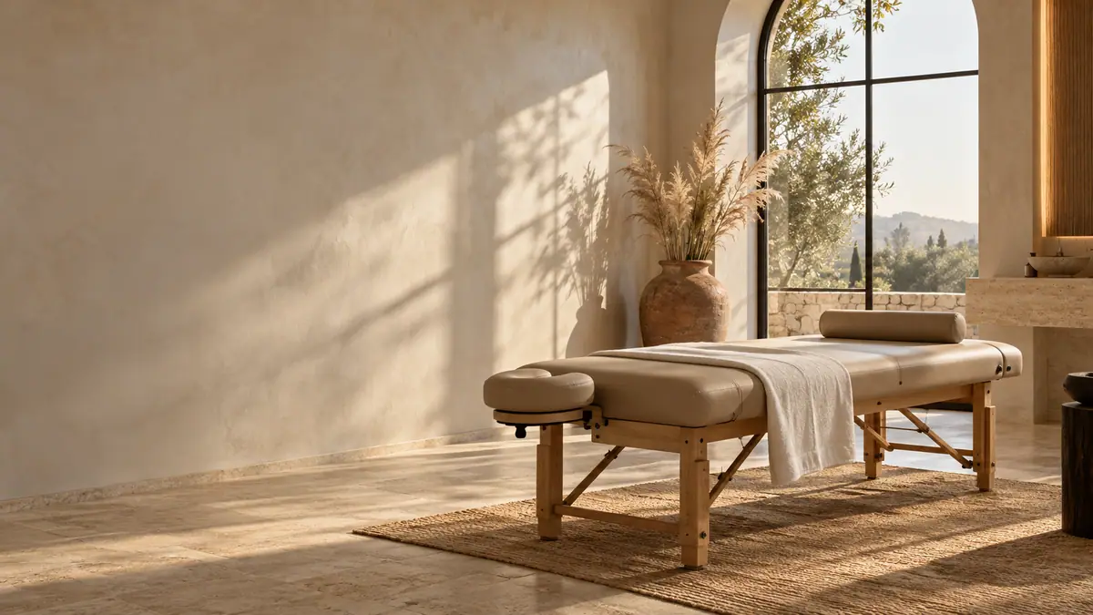Spa treatment room with a beech wood massage table in warm morning light