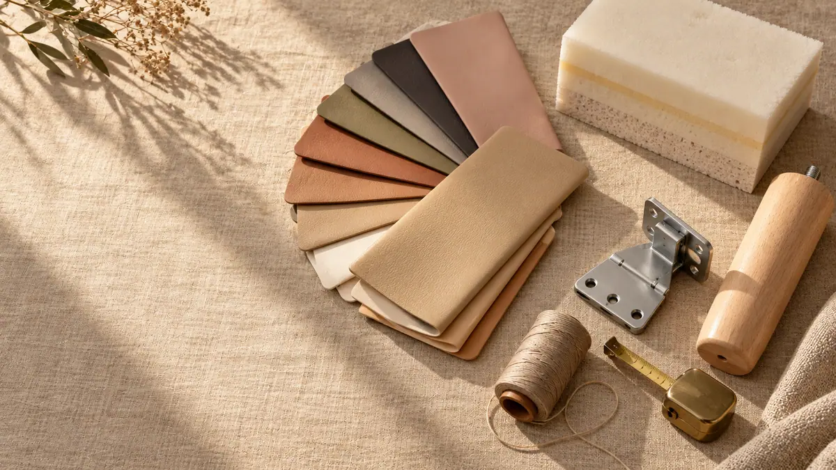 Leatherette swatches, foam cross-section, beech leg and aluminum hinge for custom massage tables