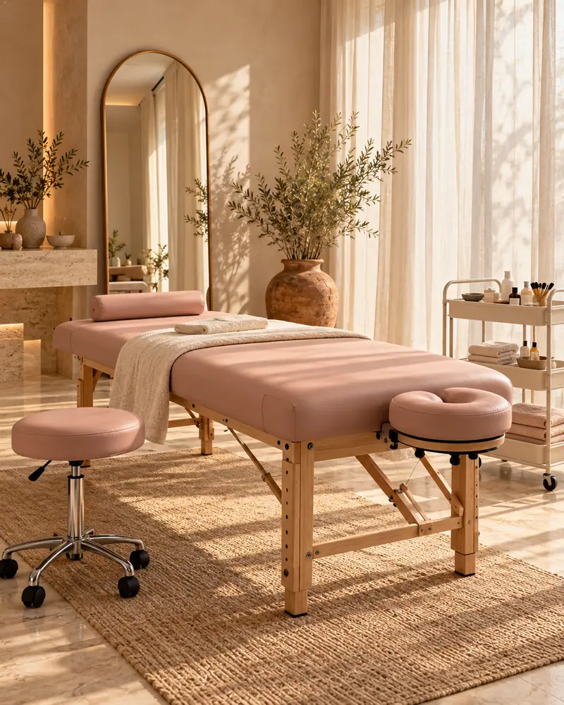 Lash studio with a pink portable massage table and matching stool